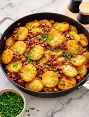 Knusprige Bratkartoffeln Rezept mit Speck und Zwiebeln in der Pfanne goldbraun gebraten