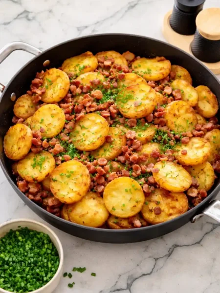 Knusprige Bratkartoffeln Rezept mit Speck und Zwiebeln in der Pfanne goldbraun gebraten