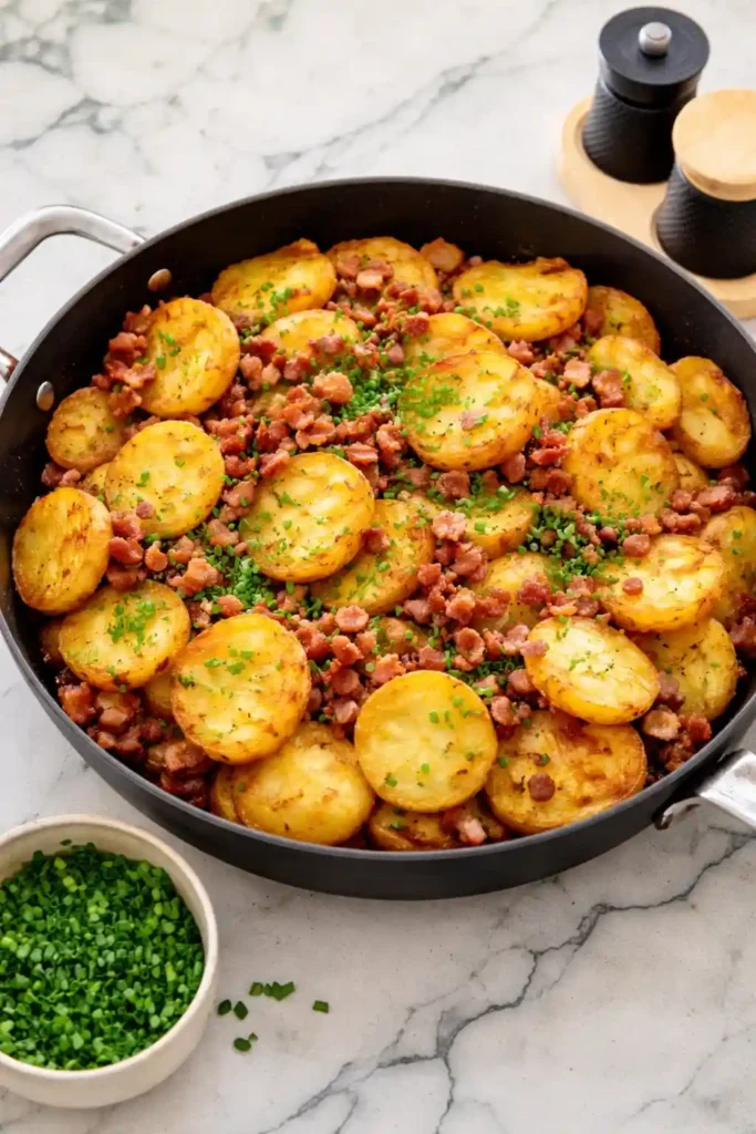 Knusprige Bratkartoffeln Rezept mit Speck und Zwiebeln in der Pfanne goldbraun gebraten