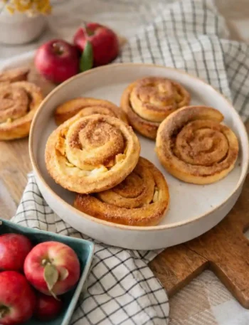 Omas Apfelschnecken Rezept mit Hefeteig und Zimt – saftige Hefe Apfelschnecken mit Apfel auf einem Teller angerichtet