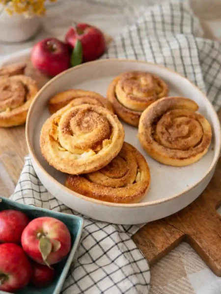 Omas Apfelschnecken Rezept mit Hefeteig und Zimt – saftige Hefe Apfelschnecken mit Apfel auf einem Teller angerichtet