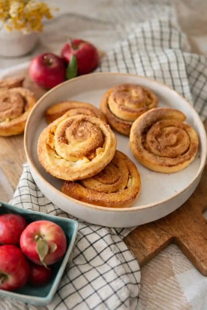 Omas Apfelschnecken Rezept mit Hefeteig und Zimt – saftige Hefe Apfelschnecken mit Apfel auf einem Teller angerichtet