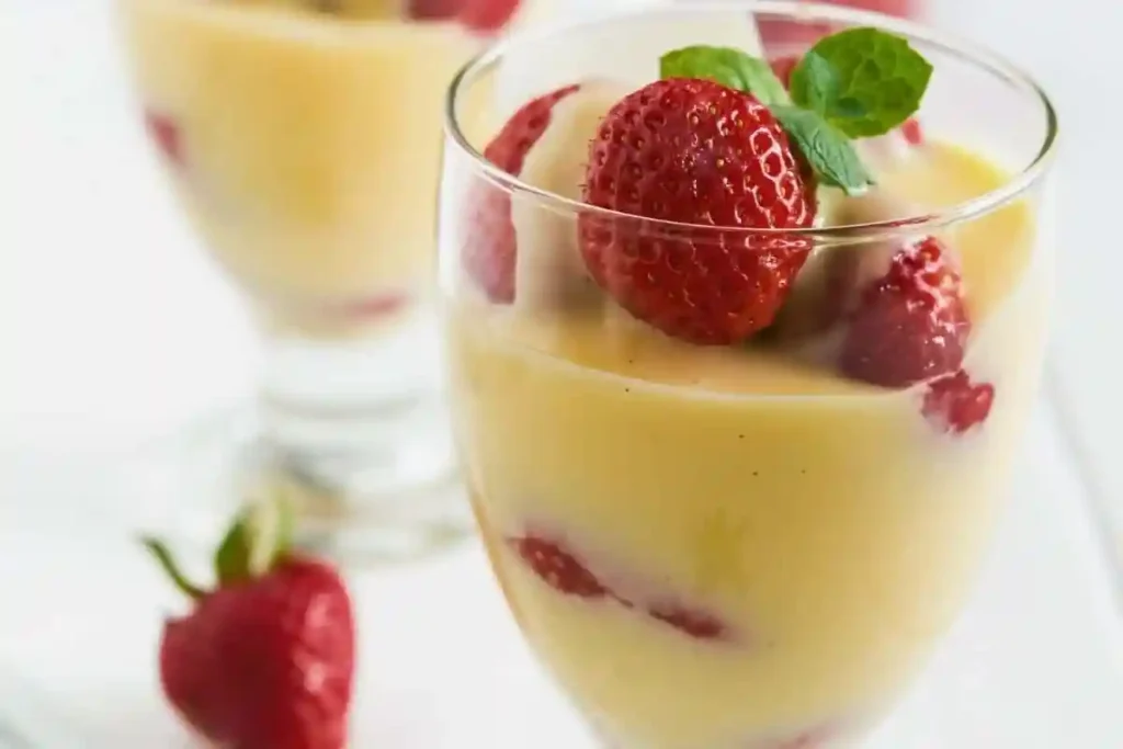 Dessert mit selbstgemachtem Eierlikör nach Omas Eierlikör Rezept DDR, serviert im Glas mit Erdbeeren