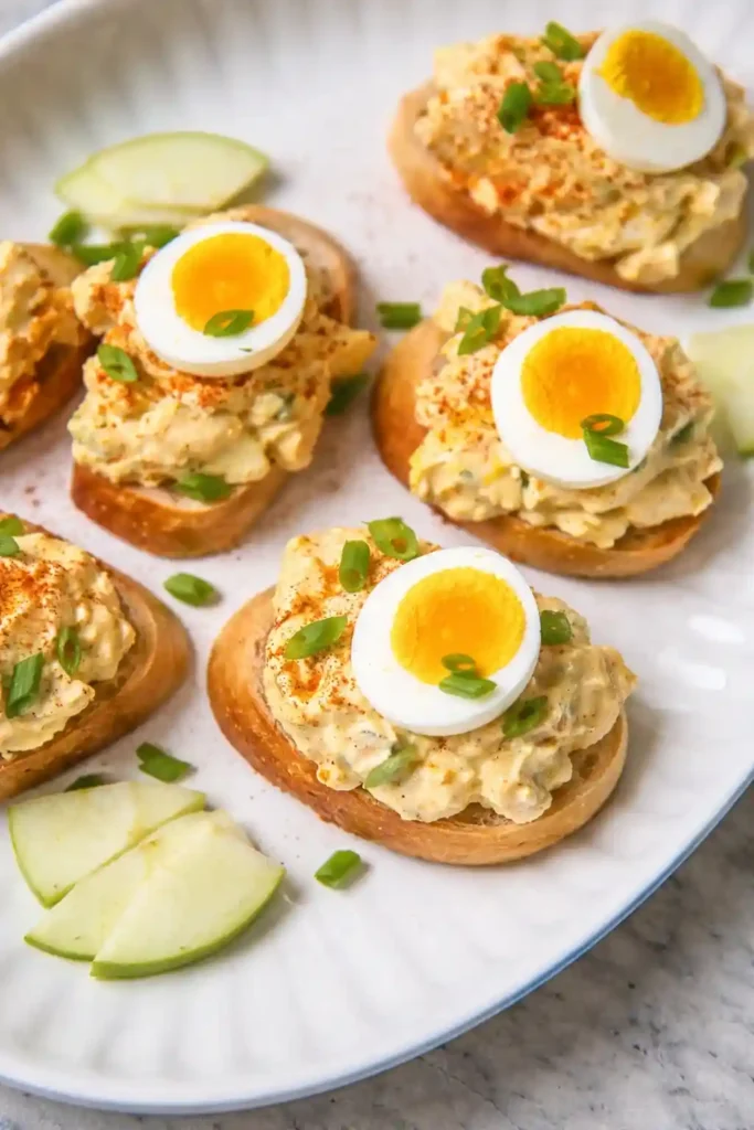 Omas Eiersalat DDR Rezept mit Mayonnaise und Joghurt, serviert auf Baguette mit Schnittlauch und gekochtem Ei