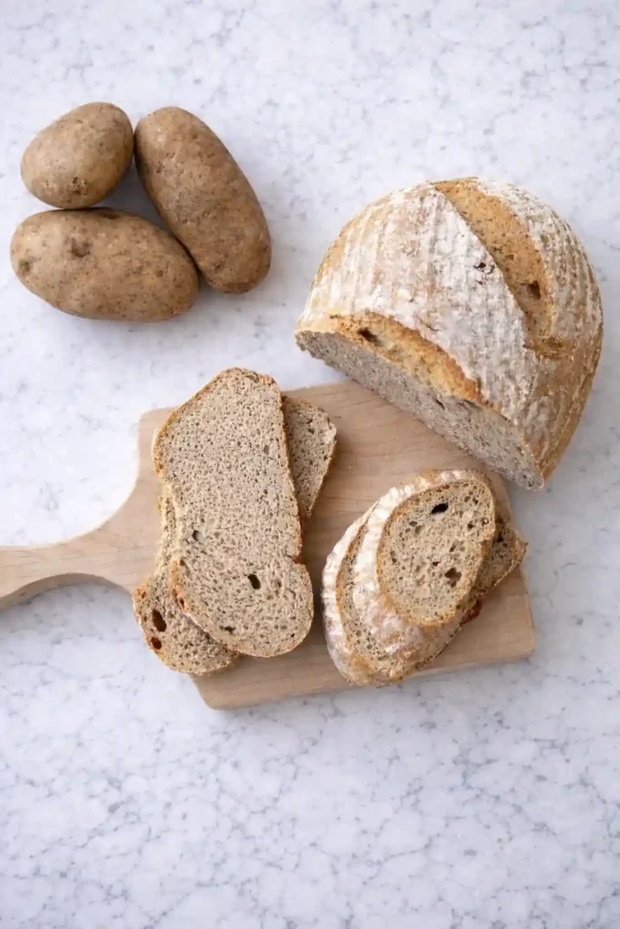 Omas Kartoffelbrot Rezept mit Sauerteig – frisch gebackenes Kartoffelbrot mit knuspriger Kruste und saftiger Krume, serviert mit Kartoffeln