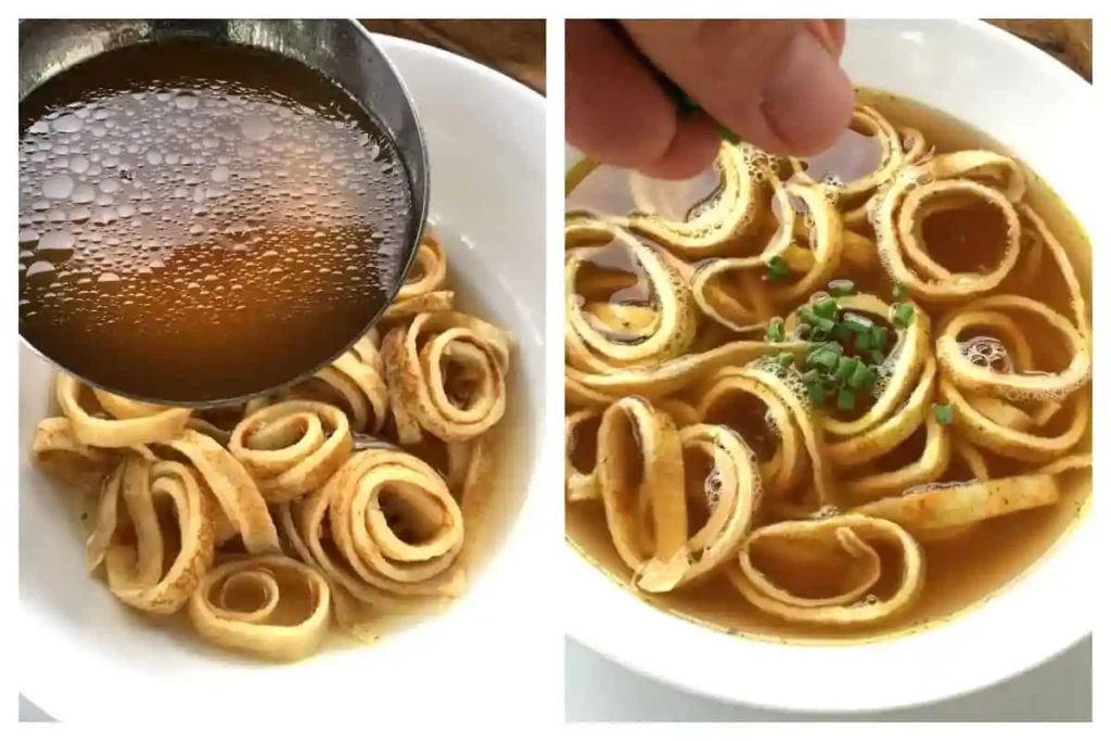 Flädlesuppe Rezept Original – heiße Rinderbrühe wird über geschnittene Flädle gegossen, klassische Pfannkuchensuppe wie bei Oma