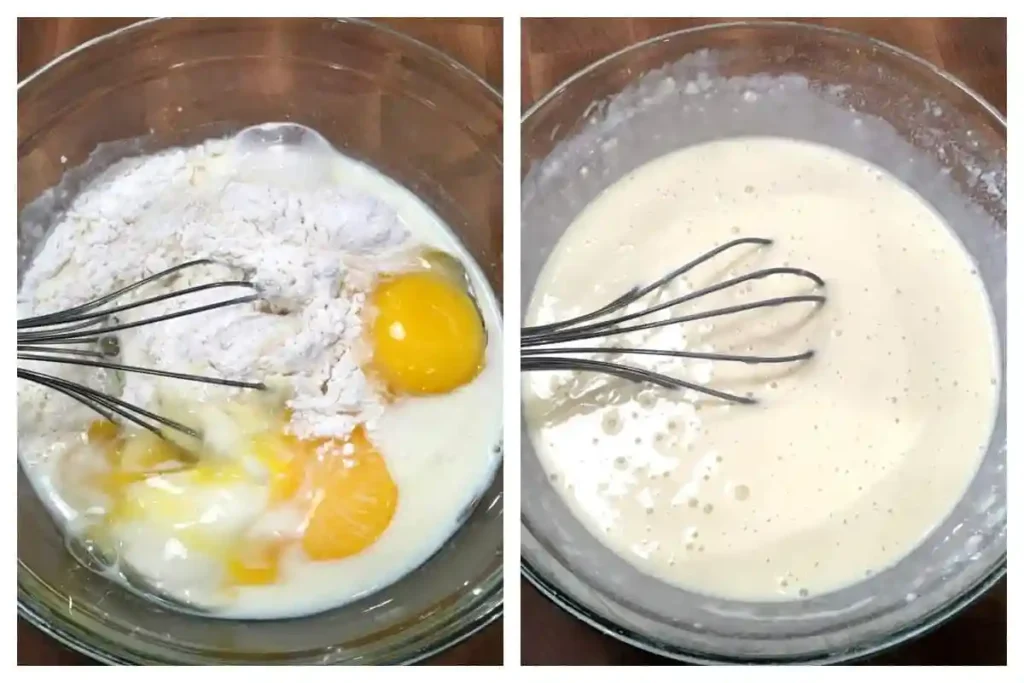 Flädle Teig zubereiten für Flädlesuppe Rezept Original – Mehl, Eier und Milch werden zu einem glatten Pfannkuchenteig verrührt