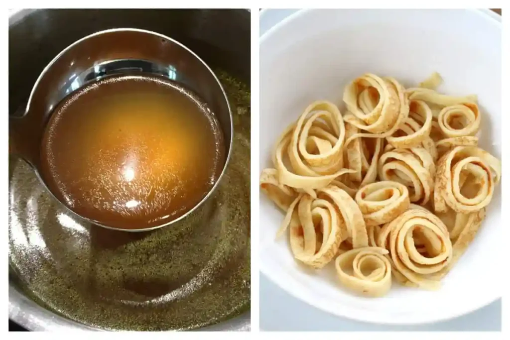 Klare Rinderbrühe und geschnittene Flädle für Flädlesuppe Rezept Original – klassische Pfannkuchensuppe wie bei Oma