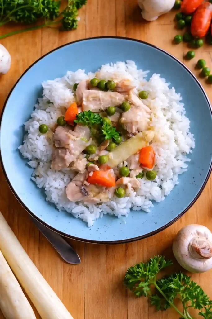 Original Hühnerfrikassee DDR Rezept wie bei Oma mit Reis, Erbsen und Möhren