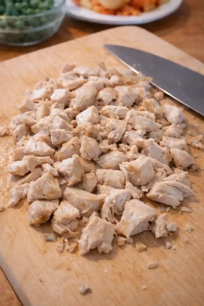 Gekochtes Hähnchenfleisch für Original Hühnerfrikassee DDR Rezept wie bei Oma in Stücke geschnitten
