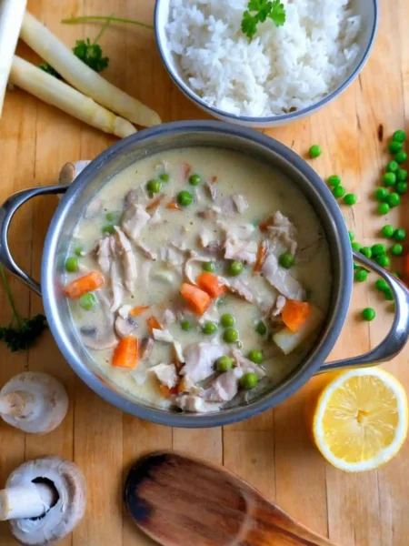 Original Hühnerfrikassee DDR Rezept wie bei Oma mit Hähnchen, Erbsen, Möhren und cremiger Sauce, serviert mit Reis