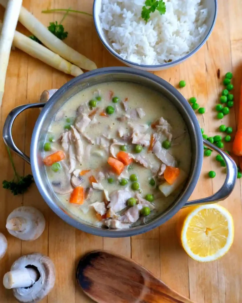 Original Hühnerfrikassee DDR Rezept wie bei Oma mit Hähnchen, Erbsen, Möhren und cremiger Sauce, serviert mit Reis