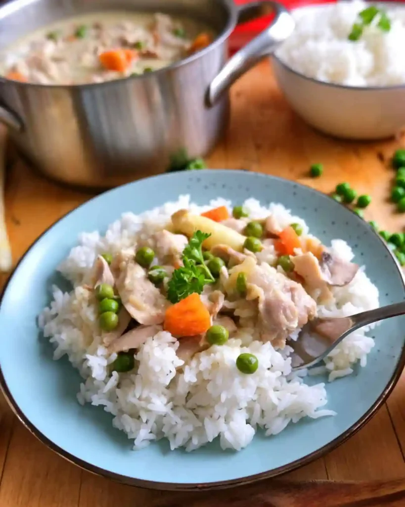 Original Hühnerfrikassee DDR Rezept wie bei Oma mit Reis serviert