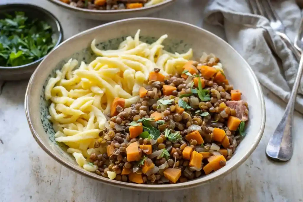 Original Schwäbische Linsen mit Spätzle nach Omas Rezept – klassische Linsen mit Karotten und hausgemachten Spätzle
