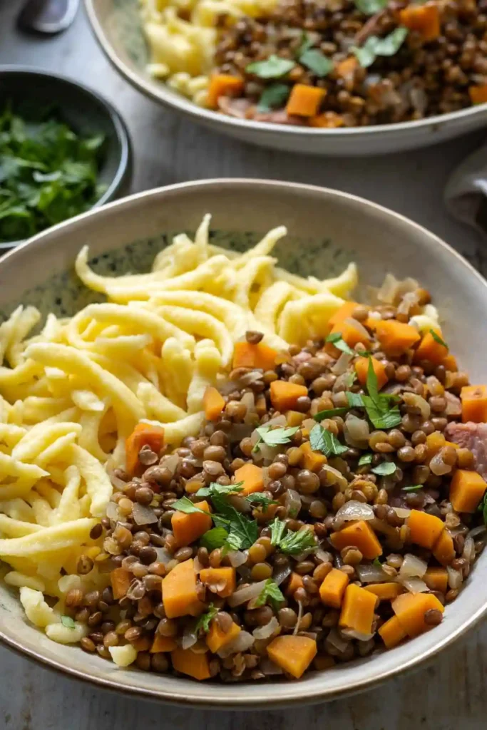 Original Schwäbische Linsen mit Spätzle nach Omas Rezept mit Gemüse und Petersilie serviert