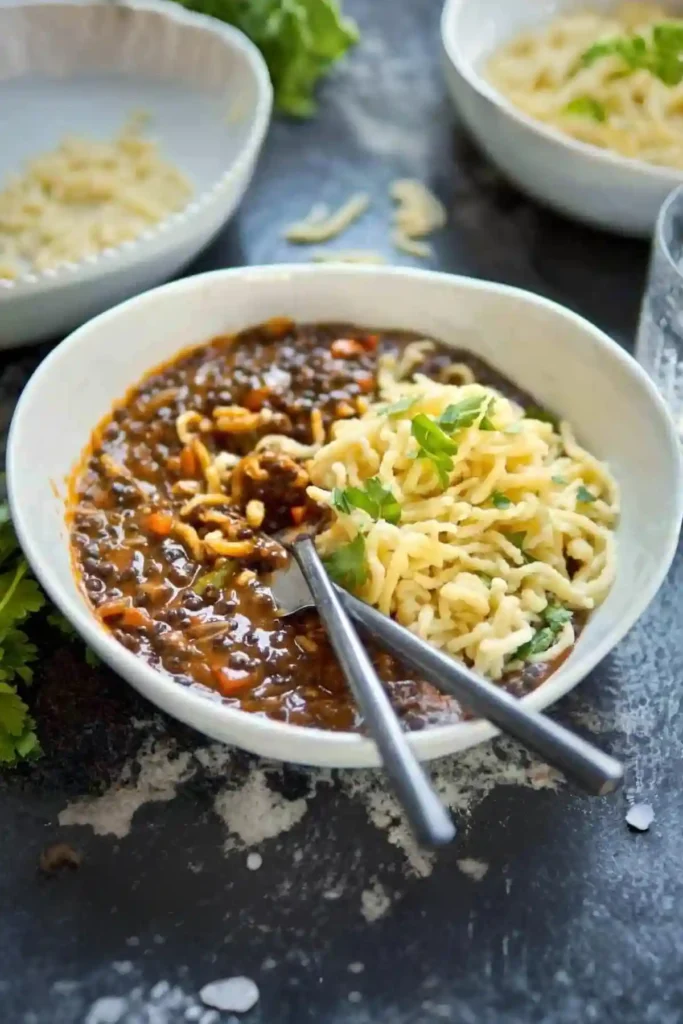 Original Schwäbische Linsen mit Spätzle nach Omas Rezept, serviert als klassischer Linseneintopf mit hausgemachten Spätzle in einer Schüssel
