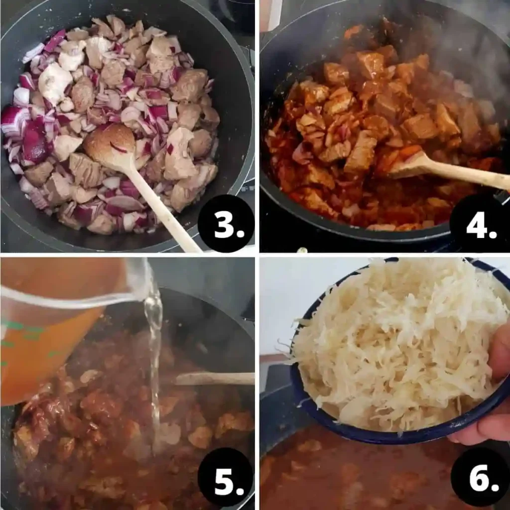 Zubereitung vom Szegediner Gulasch Rezept original mit Sauerkraut – Fleisch anbraten, Brühe angießen und Sauerkraut zugeben