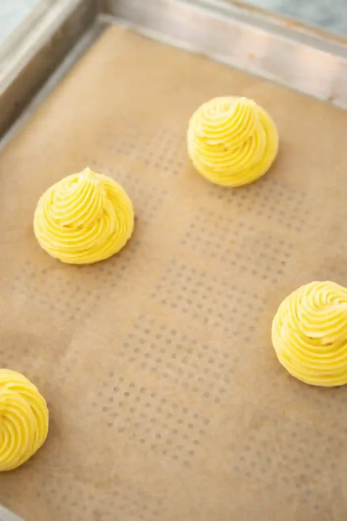 Brandteig Windbeutel auf Backblech gespritzt – Schritt im Original Windbeutel Rezept