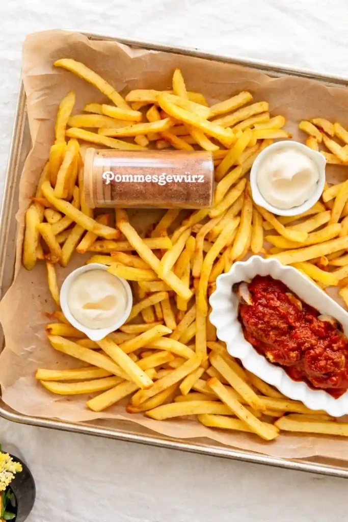 Pommes Gewürz selber machen wie beim Imbiss – knusprige gewürzte Pommes mit selbst gemachtem Pommesgewürz, Mayo und Ketchup