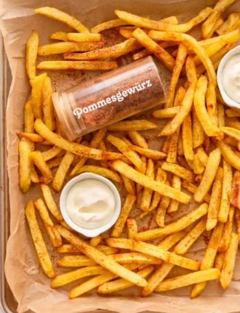 Pommes Gewürz selber machen wie beim Imbiss – gewürzte Pommes mit selbst gemachtem Pommesgewürz auf Backblech