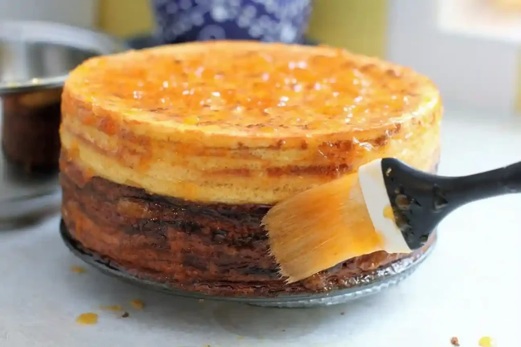 Baumkuchen selber machen – Aprikosenkonfitüre auf saftigen Baumkuchen vor der Schokoladenglasur auftragen