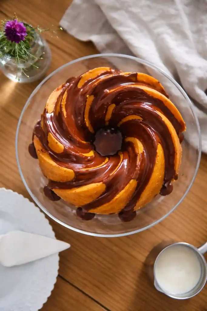 Saftiger Marmorkuchen Rezept als klassischer Gugelhupf mit glänzender Schokoglasur – Omas Marmorkuchen saftig und locker von oben