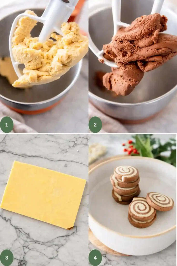 Schritt-für-Schritt Anleitung für Schwarz-Weiß-Gebäck Rezept – Vanille- und Schokoladenteig, ausgerollter Teig und fertige Schwarz-weiß Plätzchen mit Spiral-Muster