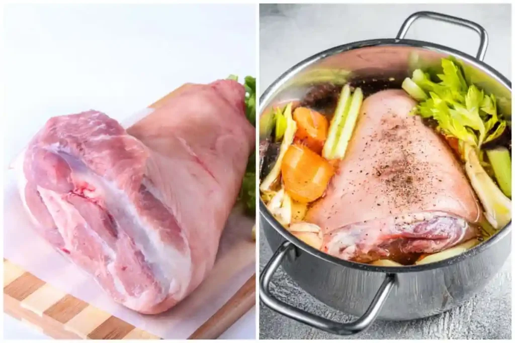Schweinshaxe im Backofen mit Vorkochen – rohe Haxe und Schweinshaxe vorgekocht im Topf mit Gemüse