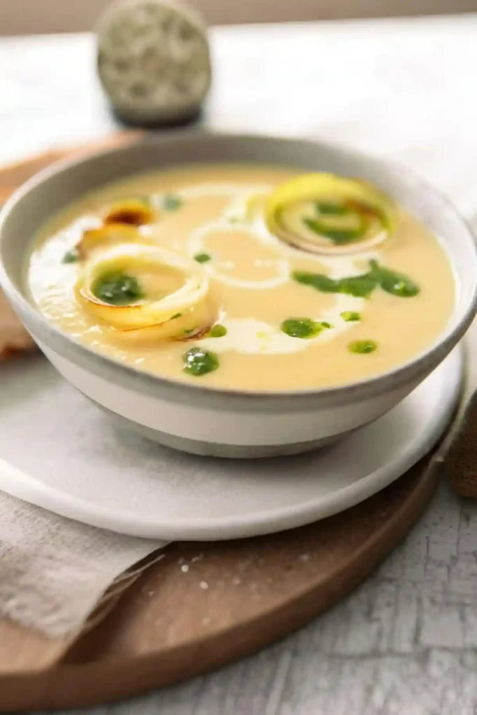 Vegetarische Lauchcremesuppe mit Kartoffeln cremig angerichtet in Schale