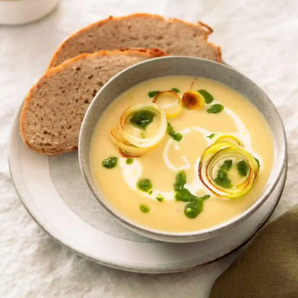 Vegetarische Lauchcremesuppe mit Kartoffeln cremig serviert mit Brot