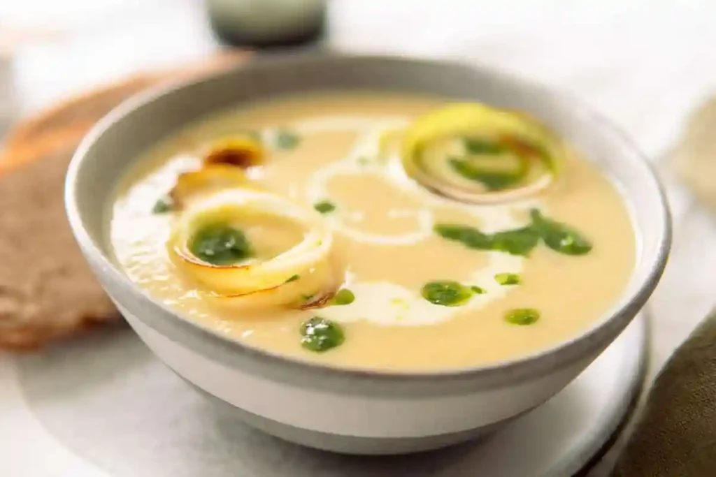 Vegetarische Lauchcremesuppe mit Kartoffeln cremig serviert im Suppenteller