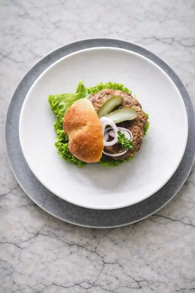 Weizenbrötchen als Beilage zu Frikadelle mit Salat, Gurke und Zwiebeln – Weizenbrötchen Rezept