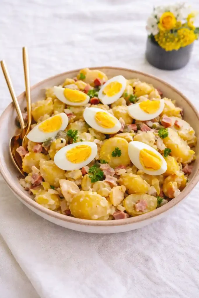 Omas Kartoffelsalat mit Wiener Würstchen und Mayonnaise in einer Schüssel – klassischer Wiener mit Kartoffelsalat wie bei Oma