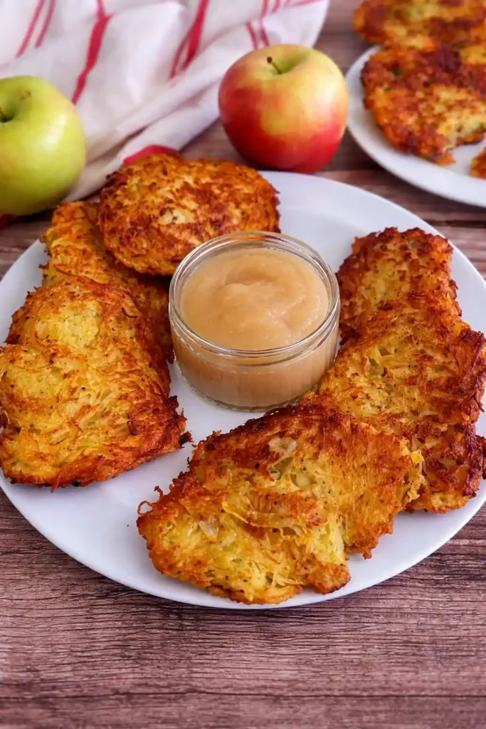 Dieses Bild zeigt knusprige Kartoffelpuffer mit Apfelmus – eine klassische Kombination der deutschen Küche. Das selbstgemachte Apfelmus passt perfekt zu herzhaften Gerichten und zeigt, wie vielseitig ein Apfelmus Rezept ist, ob frisch serviert oder aus Omas Apfelmus selber machen.