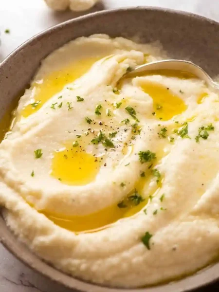 Cremiges Blumenkohlpüree mit Parmesan und Schmand – einfaches Blumenkohlpüree Rezept low carb