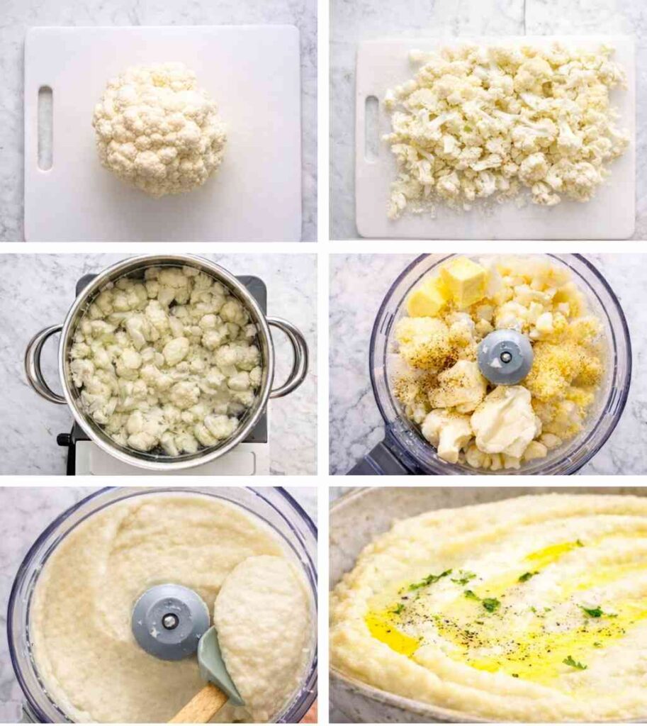Schritt für Schritt Blumenkohlpüree Rezept – Blumenkohl schneiden, kochen und zu cremigem Blumenkohlpüree mit Parmesan pürieren