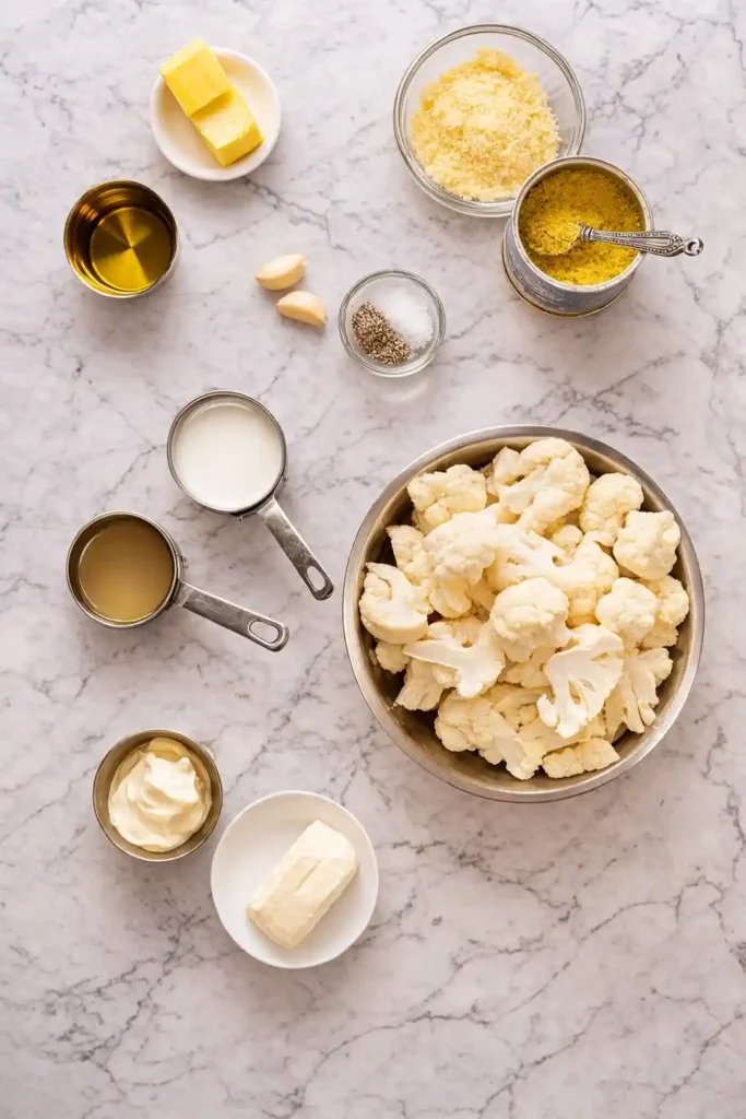 Zutaten für cremiges Blumenkohlpüree mit Parmesan und Schmand – Blumenkohl, Butter, Knoblauch, Milch und Parmesan für ein Blumenkohlpüree Rezept