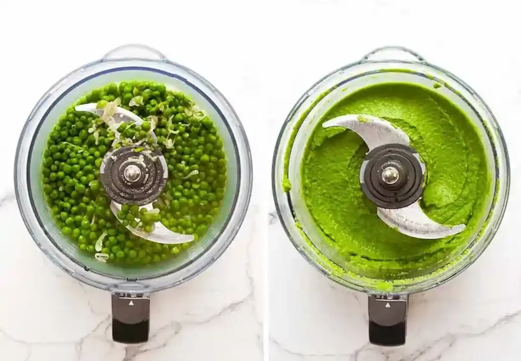 Erbsenpüree Rezept wie bei Oma im Mixer – Erbsen vor und nach dem Pürieren für cremiges Erbsenpüree klassisch