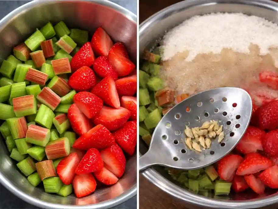 Rhabarber und Erdbeeren mit Zucker für Erdbeer Rhabarber Marmelade Rezept – Vorbereitung für Erdbeermarmelade mit Rhabarber