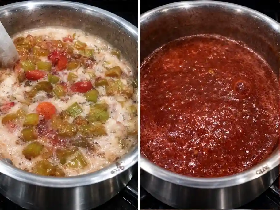 Erdbeer Rhabarber Marmelade Rezept beim Einkochen – Erdbeermarmelade mit Rhabarber im Topf