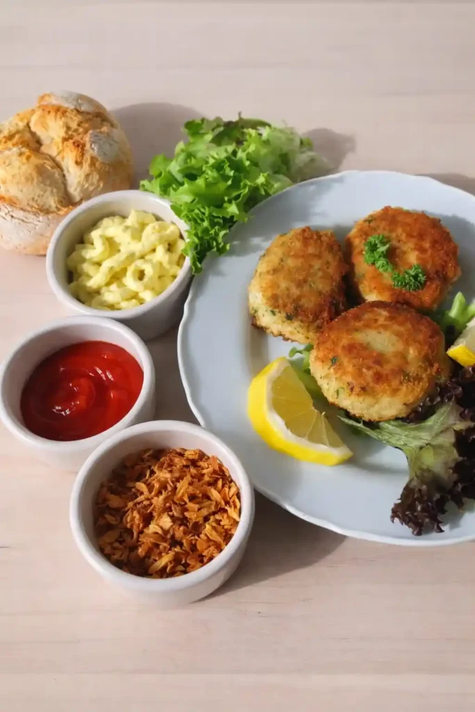 Zutaten für Bremer Fischbrötchen Rezept mit Fischfrikadellen, Remoulade, Ketchup, Röstzwiebeln und Brötchen