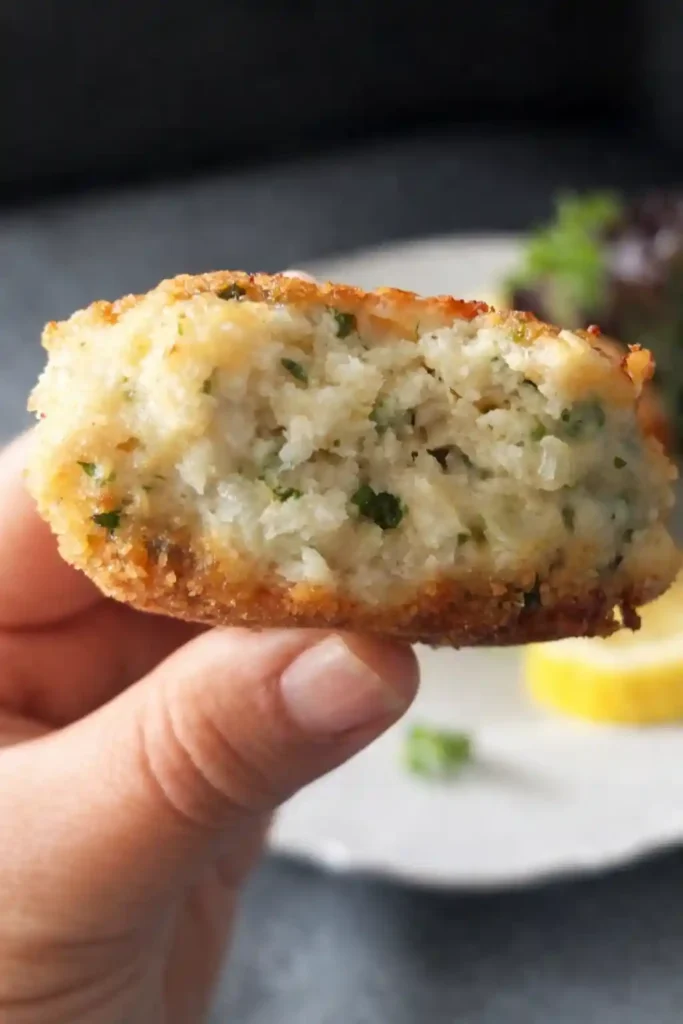 Saftige Fischfrikadelle aufgeschnitten – klassisches Fischfrikadellen Rezept DDR mit Kräutern