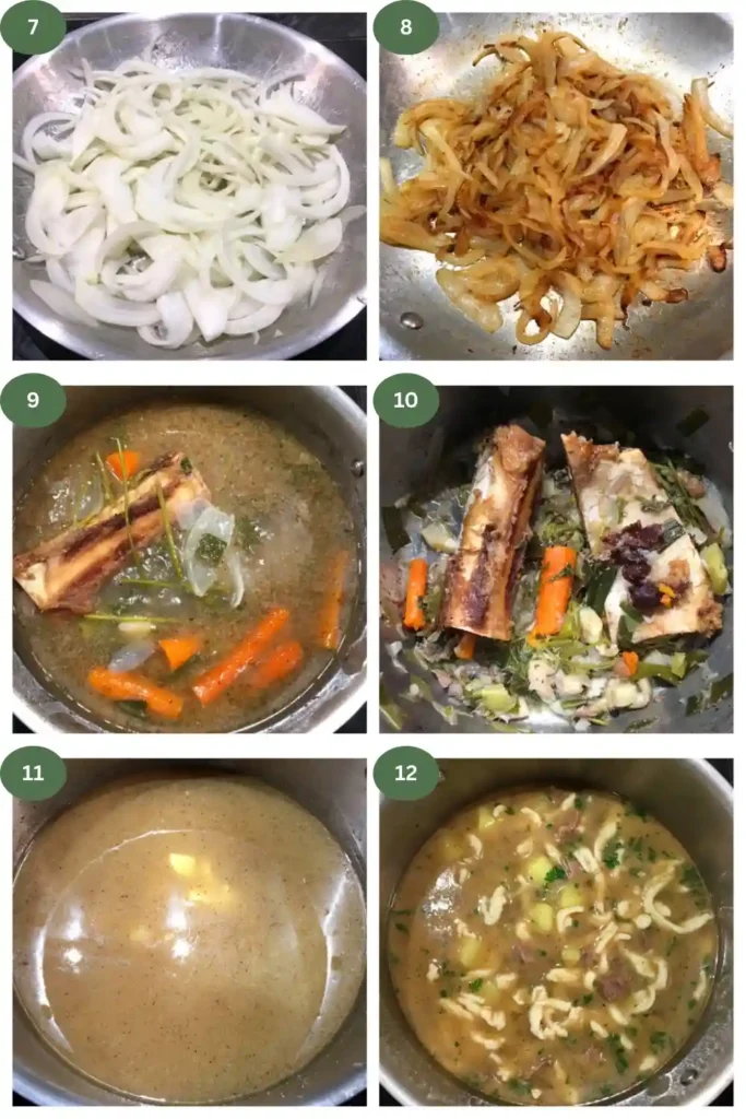 Zubereitungsschritte für Gaisburger Marsch Rezept – Zwiebeln braten, Brühe kochen und schwäbischen Gaisburger Marsch mit Rindfleisch und Spätzle fertigstellen