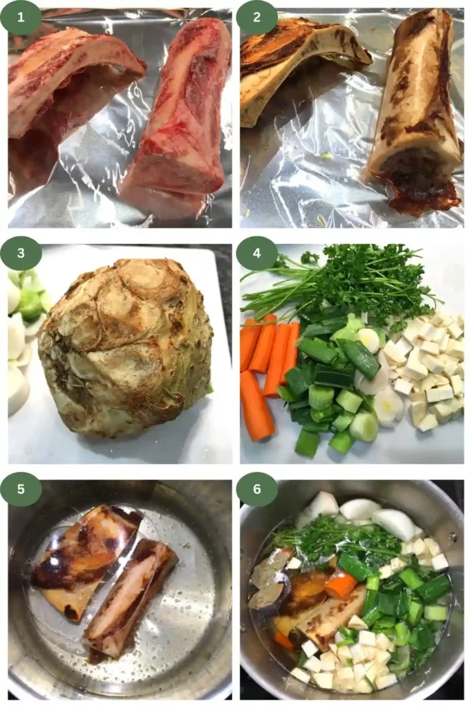 Schritte für Gaisburger Marsch Rezept – Markknochen rösten, Suppengemüse vorbereiten und Brühe für schwäbischen Gaisburger Marsch mit Rindfleisch kochen