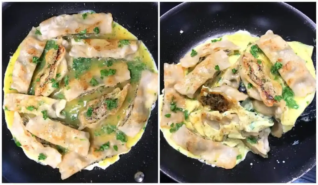 Maultaschen Pfanne mit Ei in der Pfanne – gebratene Maultaschen mit Ei und Kräutern beim Braten