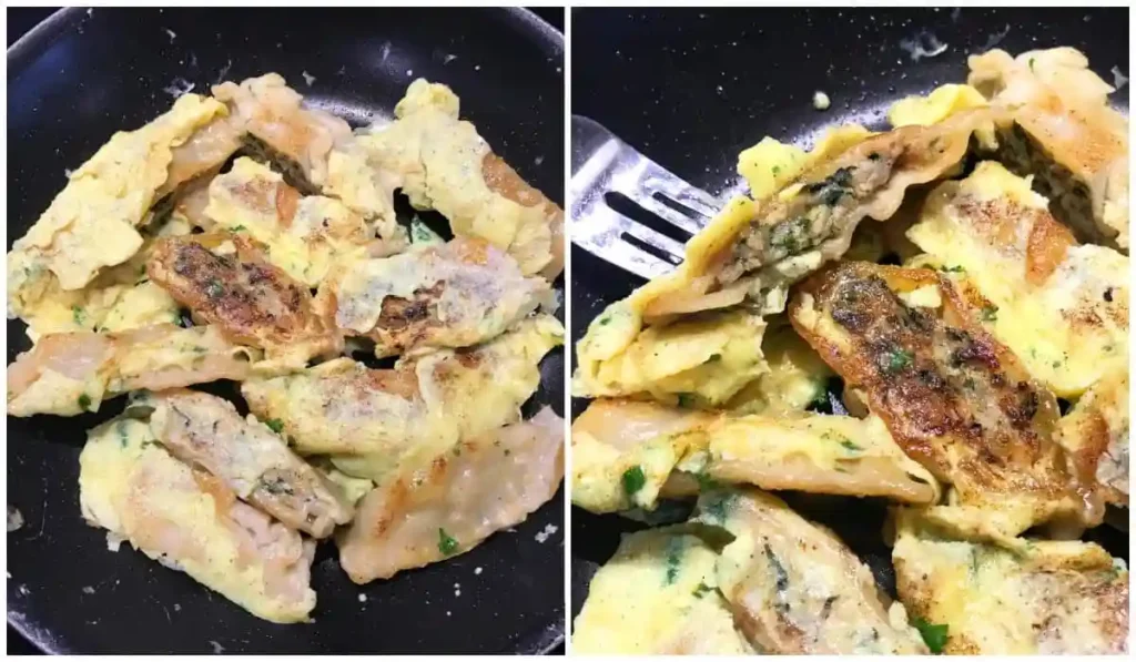 Gebratene Maultaschen Pfanne mit Ei in der Pfanne – knusprige Maultaschen mit Ei beim Braten