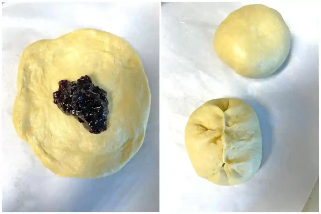 Germknödel mit Pflaumenmus füllen und formen – Schritt im Germknödel Rezept