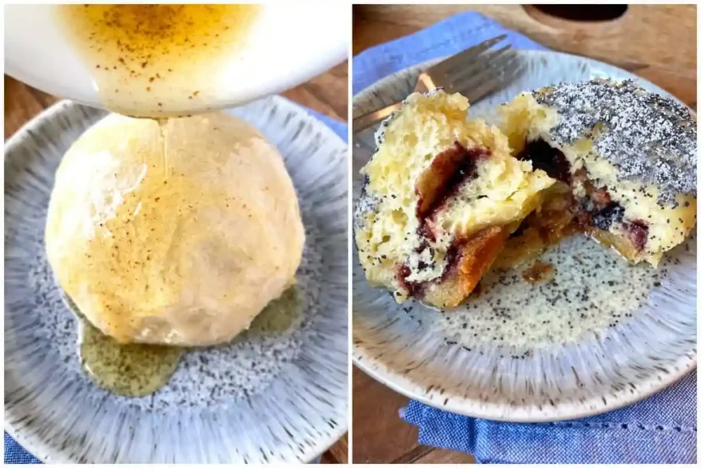 Germknödel mit Pflaumenmus servieren – Germknödel Rezept mit Butter, Mohn und Puderzucker