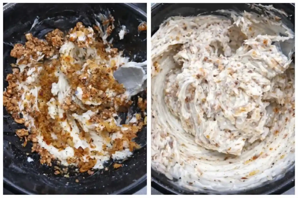 Griebenschmalz selber machen – ausgelassenes Schmalz mit Grieben, Zwiebeln und Apfel vermengen für Omas Griebenschmalz DDR Rezept