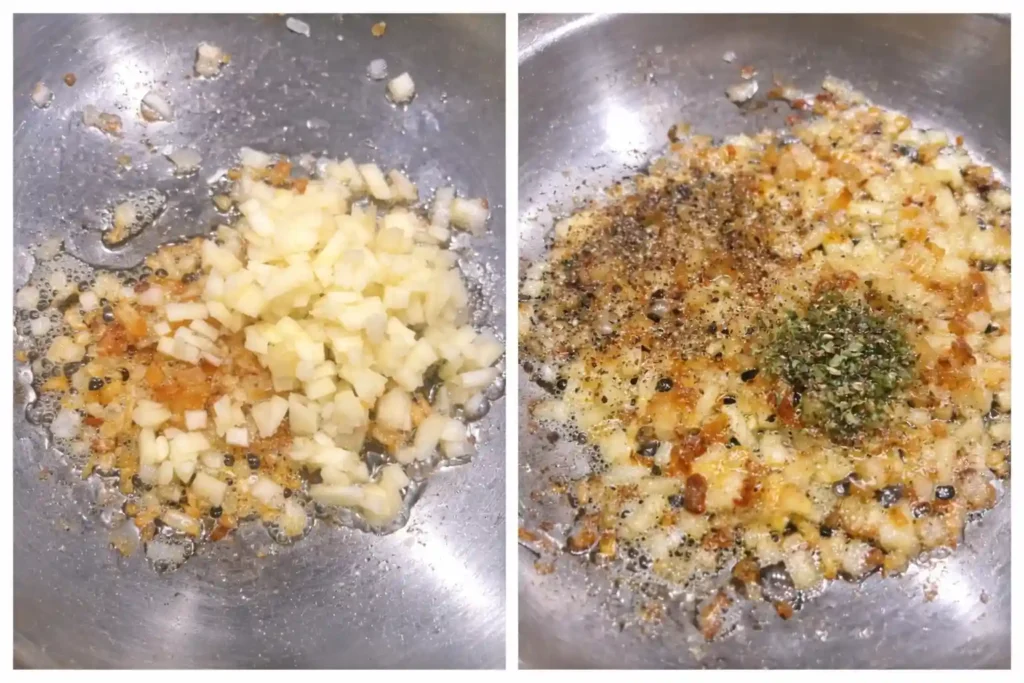 Zwiebeln und Apfel in der Pfanne für Griebenschmalz Rezept – Schritt beim Griebenschmalz selber machen nach Omas DDR Rezept